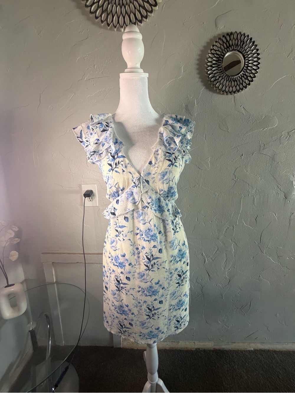 miami Cream and Light Blue Floral Ruffle Mini Dress